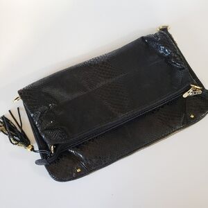 JM Collection Black Snakeskin Print Large Clutch Tassel Expandable  Bag